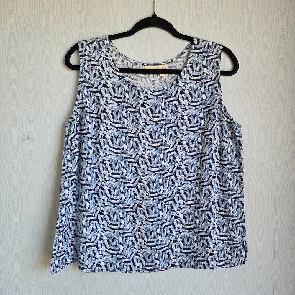 Linden Hill Womens XL Tank Top Rayon Abstract Leaves‎ Casual Blue Breathable